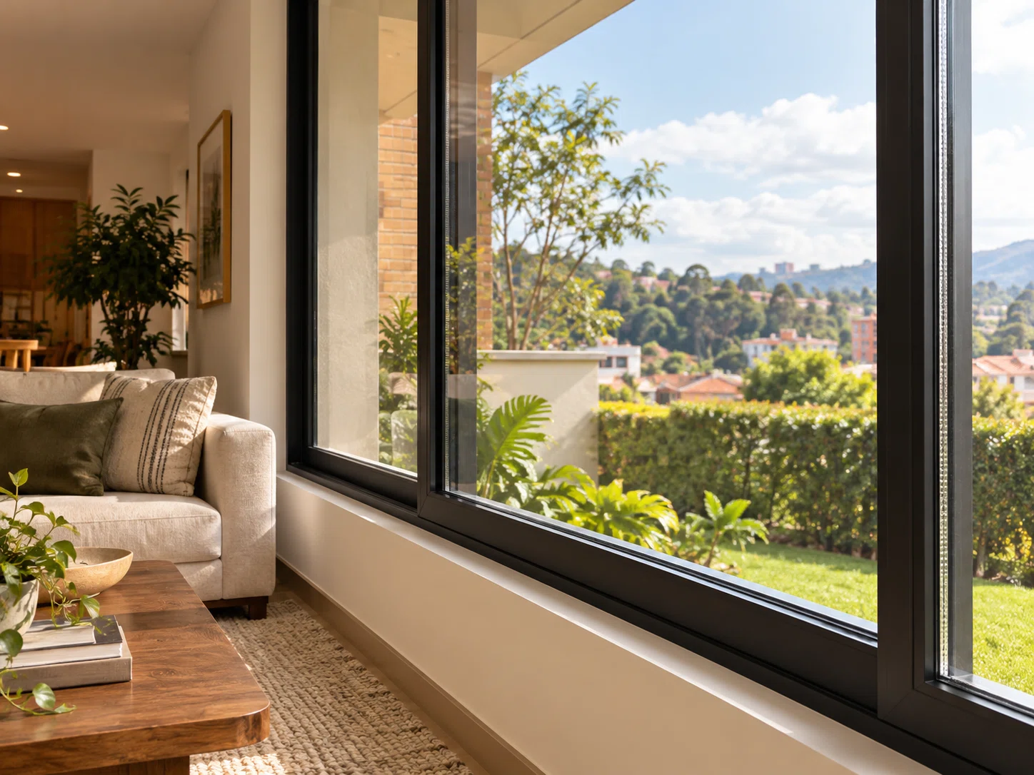 Imagen ilustrativa de una ventana de aluminio con doble acristalamiento en una sala residencial